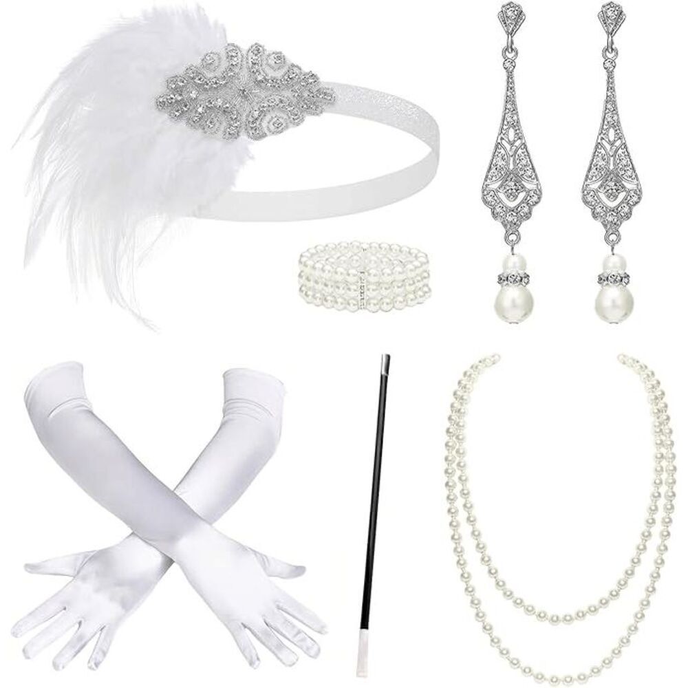 🤍✨ 6PCS 1920s White Accessories Flapper Great Gatsby Retro Costume Set NEW